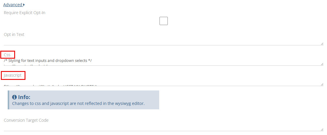 The CSS and JavaScript fields revealed after clicking Advanced
