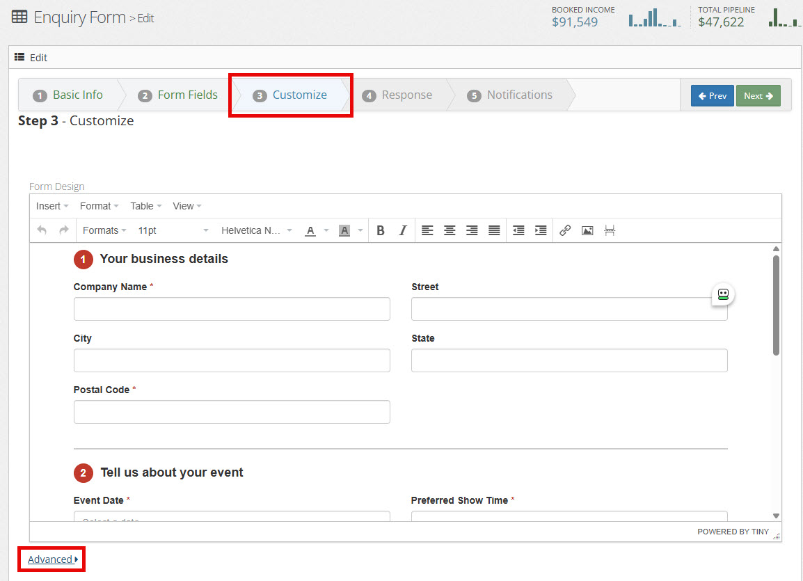 The Advanced link in the Mago Form Configuration Wizard