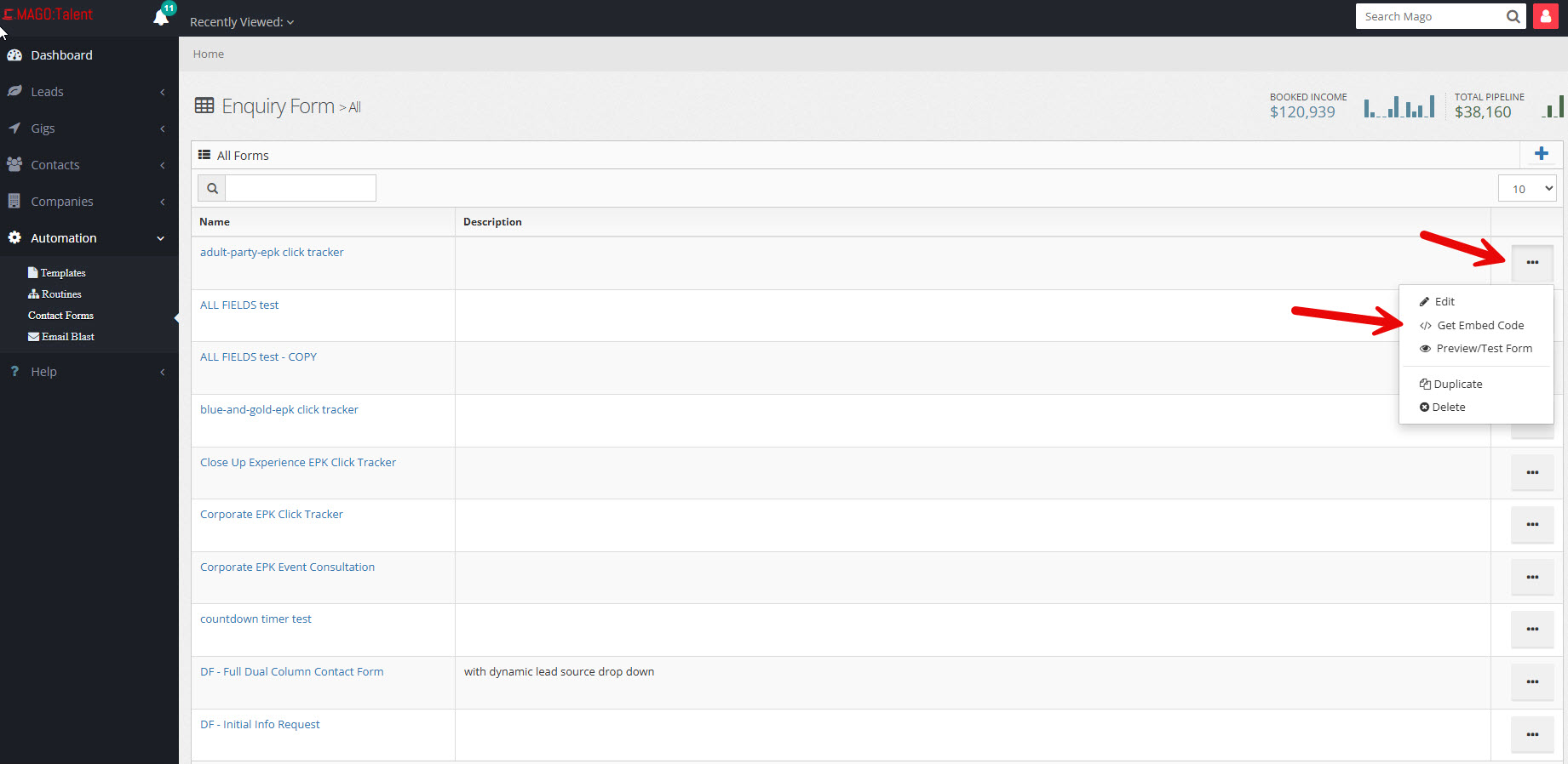 Screenshot showing how to get the embed code in Mago